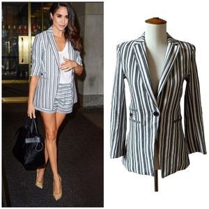 VERONICA BEARD BEATRIZ BLAZER GRAY WHITE STRIPE 1 BUTTON CLOSURE CROP SLEEVES 2